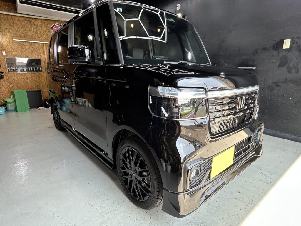 【施工事例】ホンダ N-BOXカスタム（新車JF5）｜グラフェンセラミックコーティング＋未塗装樹脂塗装・無限エアロ｜和歌山・岩出のコーティング専門店ALLBLUE